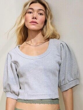 Aerie Gray Puff-Sleeve Cropped Sweatshirt